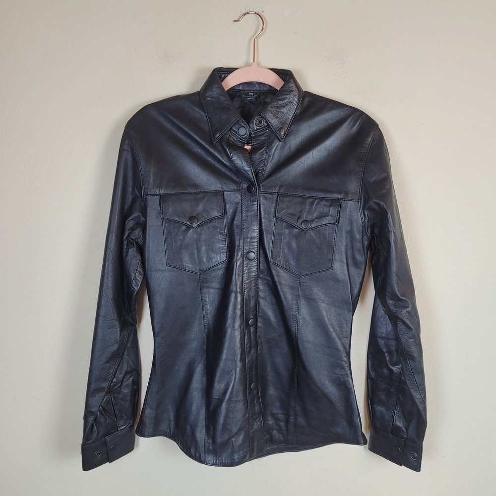 Allstate Leather Shirt Women XS Black Leather Snap Western Biker Moto Shacket